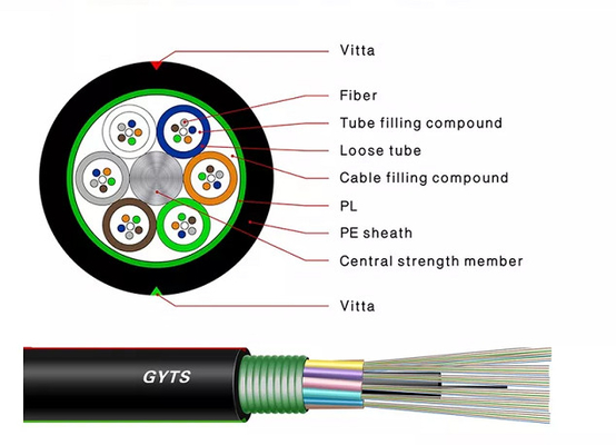 Câble de fibre optique blindé GYTS 2 4 6 8 24 32 48 84 96 144 288 noyaux